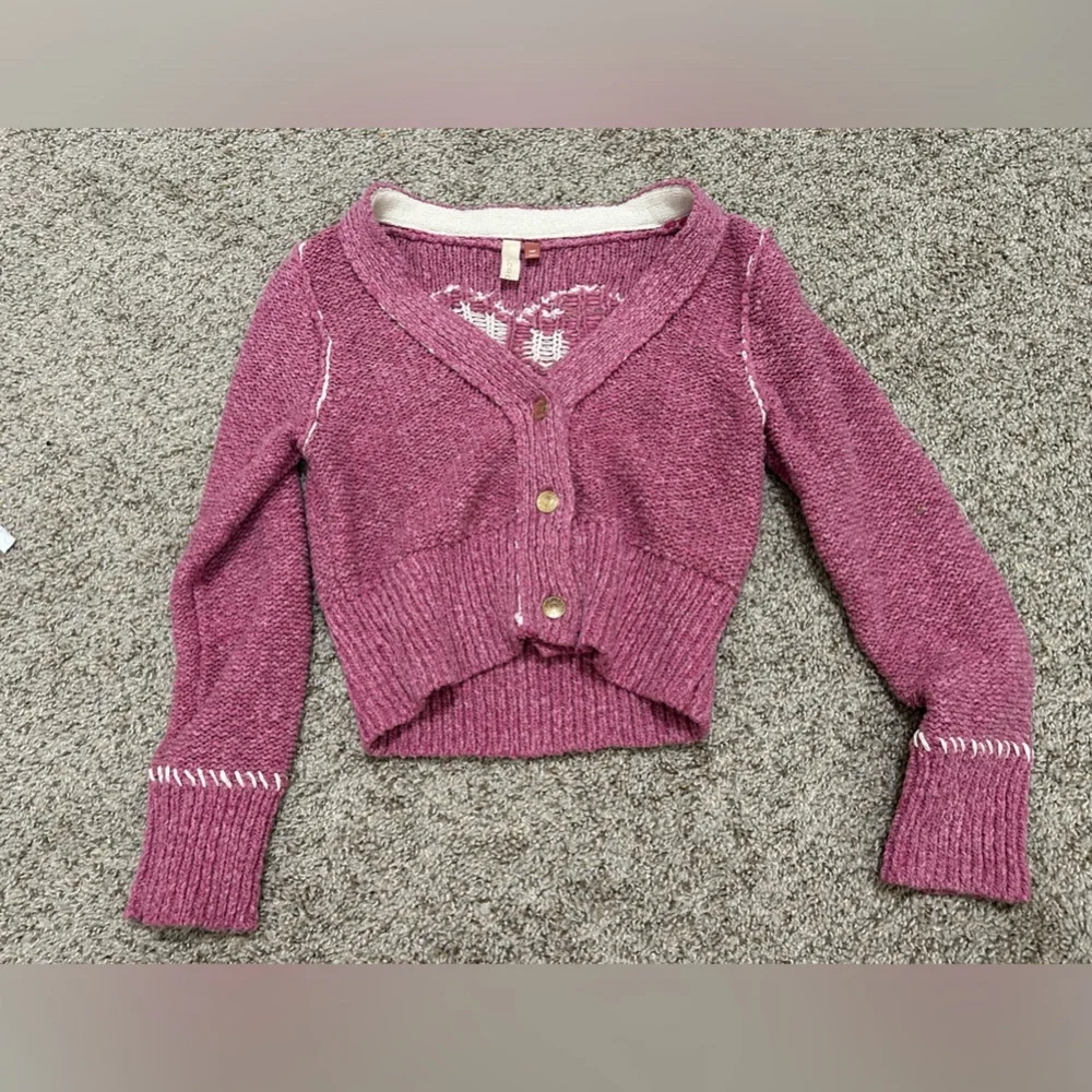 Anthropologie Pilcro Yin Yang Icon Heart Cardigan Pink Size XS Spring Preppy - Picture 2 of 15